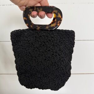 Small Black Vintage Crochet Purse w/ Tortoise Shell Handles